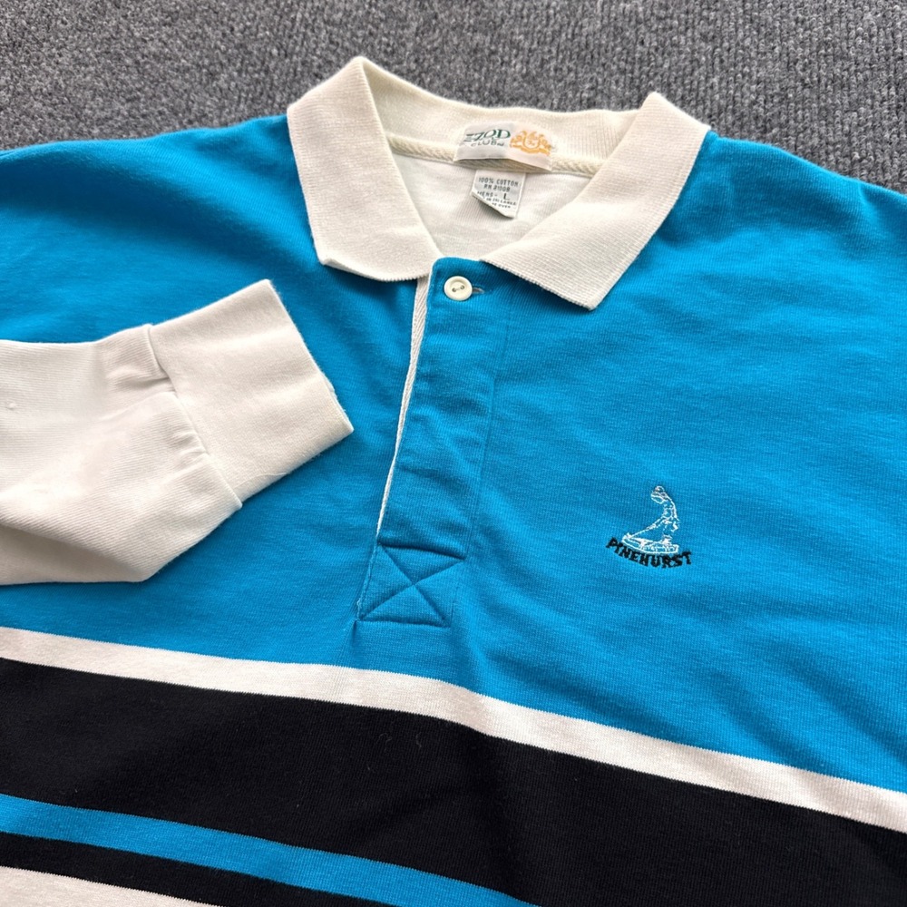 Izod Club Polo Rugby Shirt Mens L Blue White Black Striped Pinehurst Long Sleeve